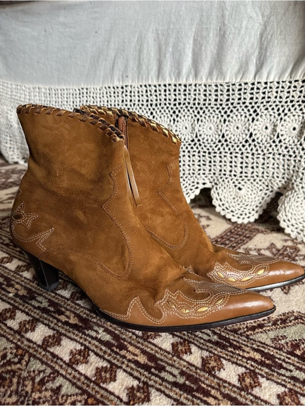 ANTONIO MELANI Brown Suede Western Ankle Boots with Embroidered Toe